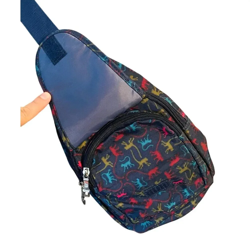 Bobo Obob Monkey Print Sling Backpack Crossbody Bag 4 Pocket Blue Colorful